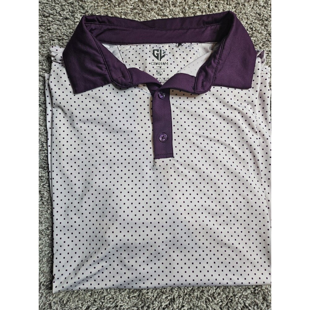 Graham Luxe Mens XL Golf Polo White Purple Dot All Over Print Short Sleeve